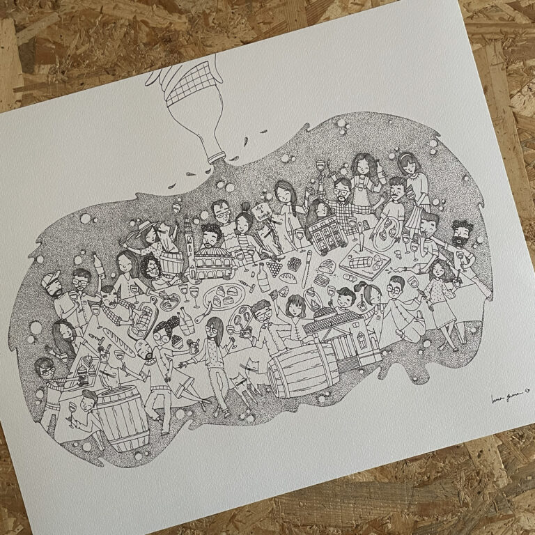 stampa illustrata di una scena conviviale durante l'aperitivo. Illustrazione originale disegnata per la mostra Aperò tenutasi a Vicenza a settembre 2025