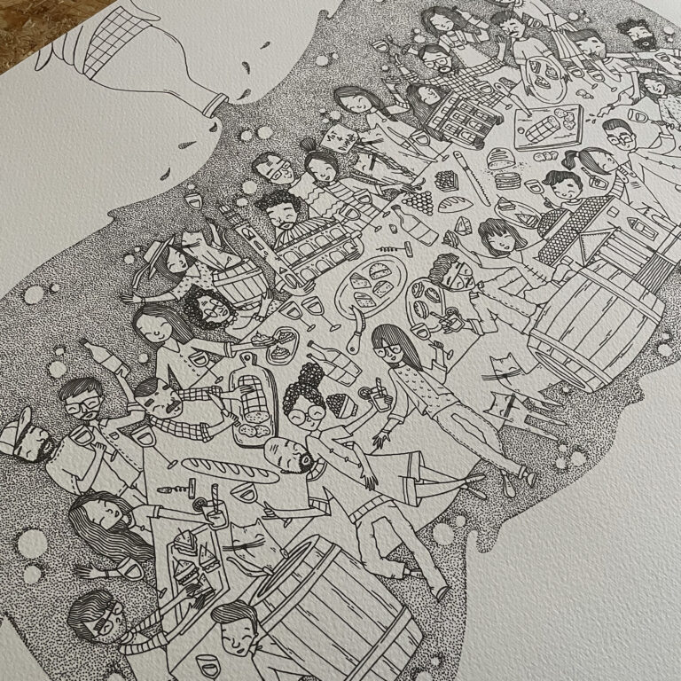 stampa illustrata di una scena conviviale durante l'aperitivo. Illustrazione originale disegnata per la mostra Aperò tenutasi a Vicenza a settembre 2025