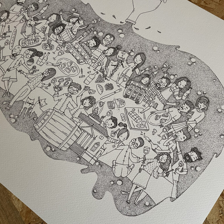 stampa illustrata di una scena conviviale durante l'aperitivo. Illustrazione originale disegnata per la mostra Aperò tenutasi a Vicenza a settembre 2025